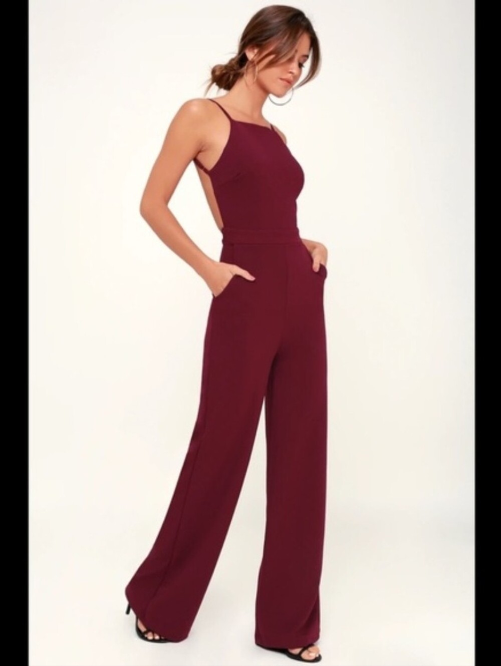 Lulu's Something to Behold Wide Leg Burgundy Backless Jumpsuit Sz XS Party Event